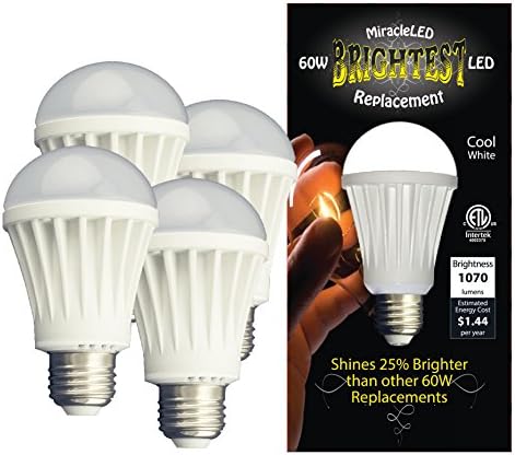 MiracleLED 604750 LED Подмяна на 12-ваттной ETL Сертифицирана лампи 1070 Lumen A19, Студен бял, 4 опаковки