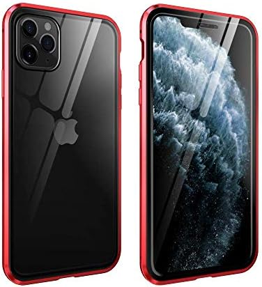 Магнитен калъф за iPhone 11 Pro Clear Case with Screen Protector Double Sided Tempered Glass Metal Bumper 360 Full Body Protection Case (iPhone 11 Pro, червен)