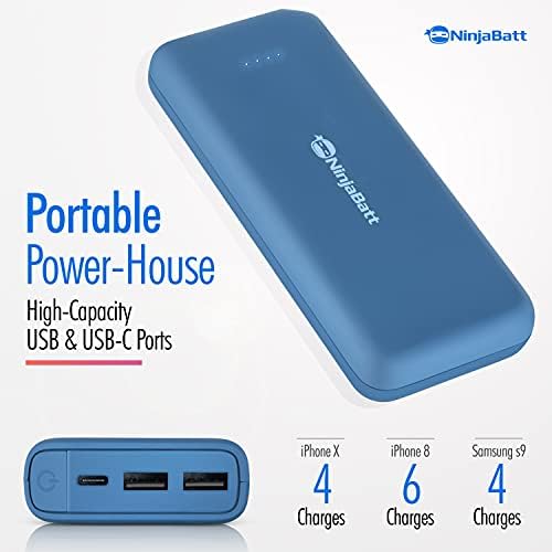 NinjaBatt Power Bank – Преносимо зарядно 20000mAh с 2 USB порта и USB-C – външна батерия с голям капацитет, който е съвместим с iPhone, Samsung, iPad и други - Indigo Blue